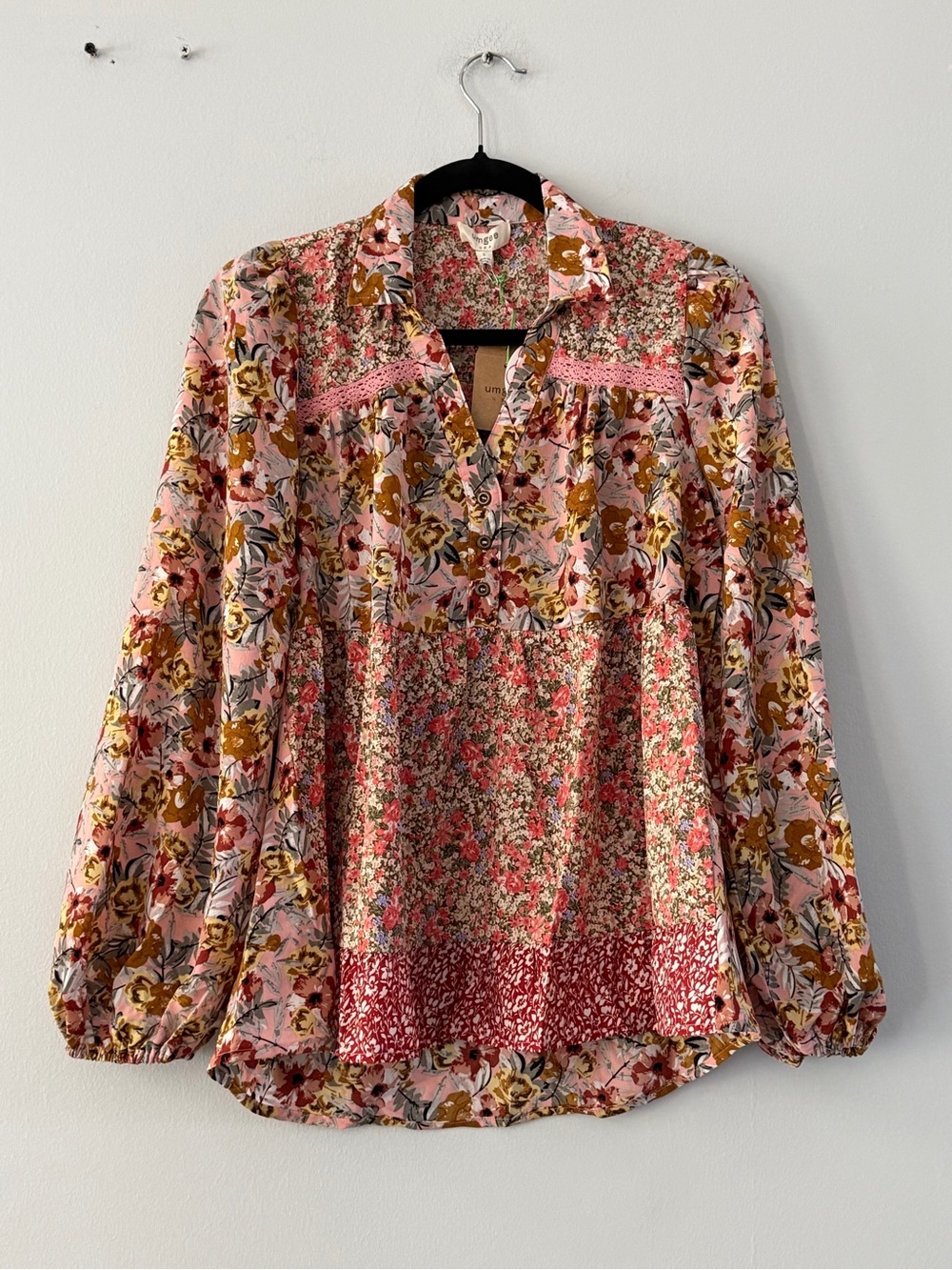 Floral Patchwork Peasant Blouse - Pink Multi